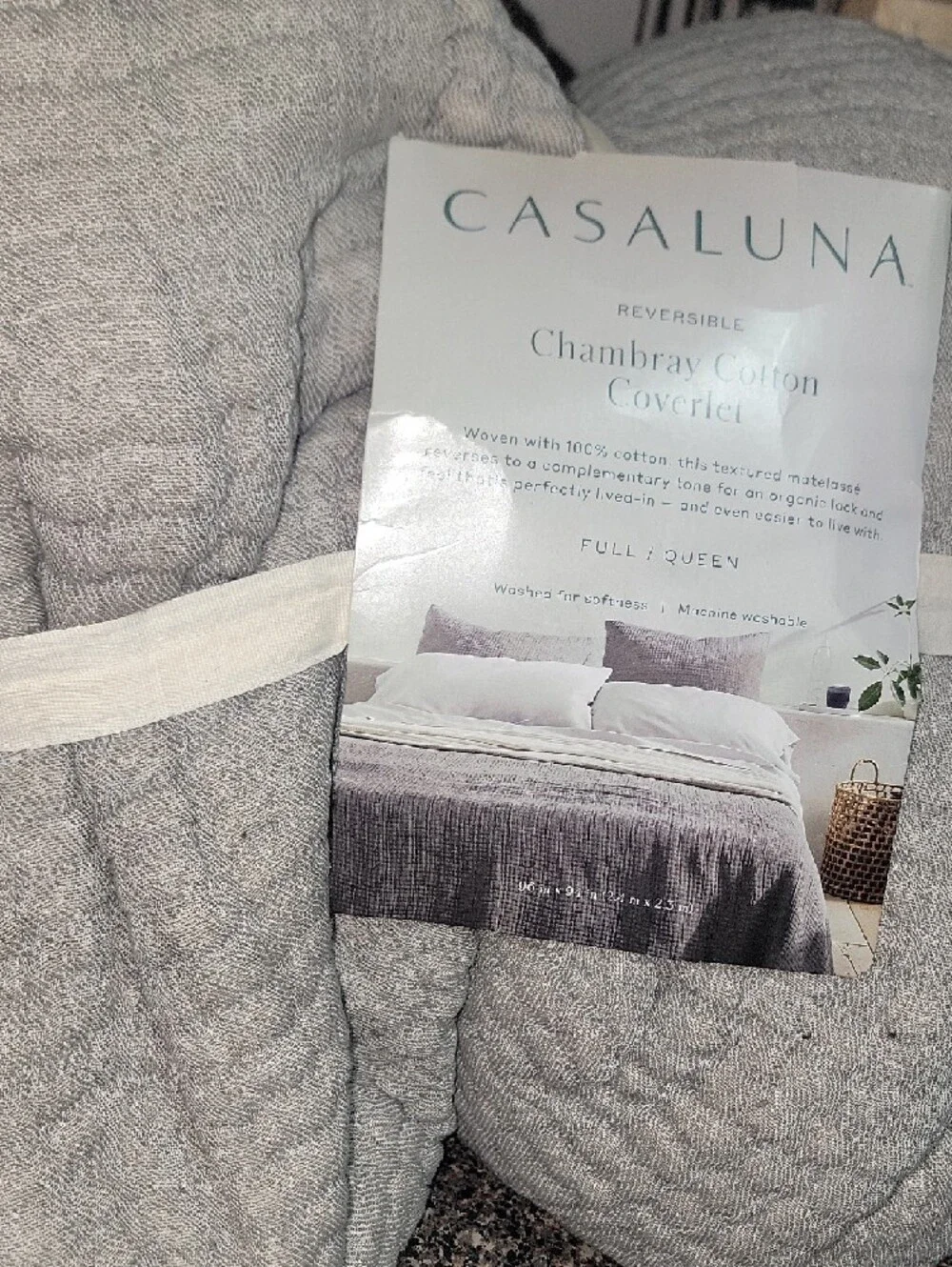 Casaluna Reversible Chambray Cotton Coverlet - Light Gray F/Q